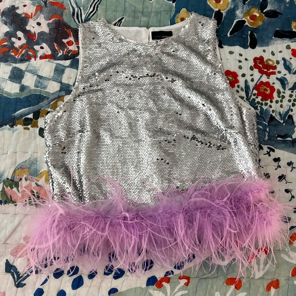 Lucy Paris Sequin top with purple feather trim